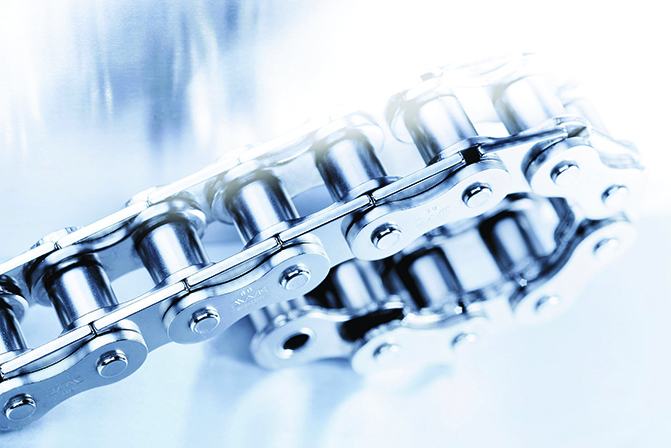 Common rigid chain has two rows of link plates and shoulders; duplex chain has three; other options abound. Image courtesy iwis Drive Systems